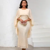 ATR556 women's spring new fashion chiffon cape sequin hip dress banquet party dress
