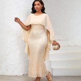 ATR556 women's spring new fashion chiffon cape sequin hip dress banquet party dress