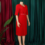 ATR 562  2025 new fashion temperament V-neck solid color pleated dress