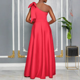 Women's new diagonal shoulder big bow sexy long dress dress ML3322