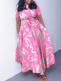 2025 new fashion temperament lace-up print short-sleeved big swing dress ML3323