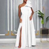 Women's new diagonal shoulder big bow sexy long dress dress ML3322