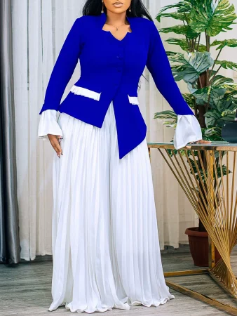 2025 spring new fashion flared sleeve top pleated wide-leg trouser suit two-piece set  ATR553
