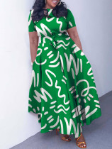 2025 new fashion temperament lace-up print short-sleeved big swing dress ML3323
