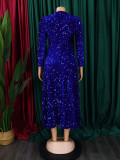 Women's round neck long sleeve solid color sequins high waist in the long dress    ATR469