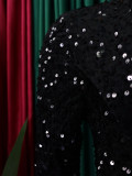 Women's round neck long sleeve solid color sequins high waist in the long dress    ATR469