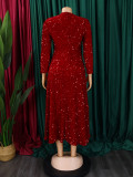 Women's round neck long sleeve solid color sequins high waist in the long dress    ATR469