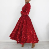 Women's round neck long sleeve solid color sequins high waist in the long dress    ATR469
