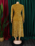 Women's round neck long sleeve solid color sequins high waist in the long dress    ATR469