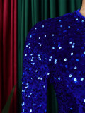 Women's round neck long sleeve solid color sequins high waist in the long dress    ATR469