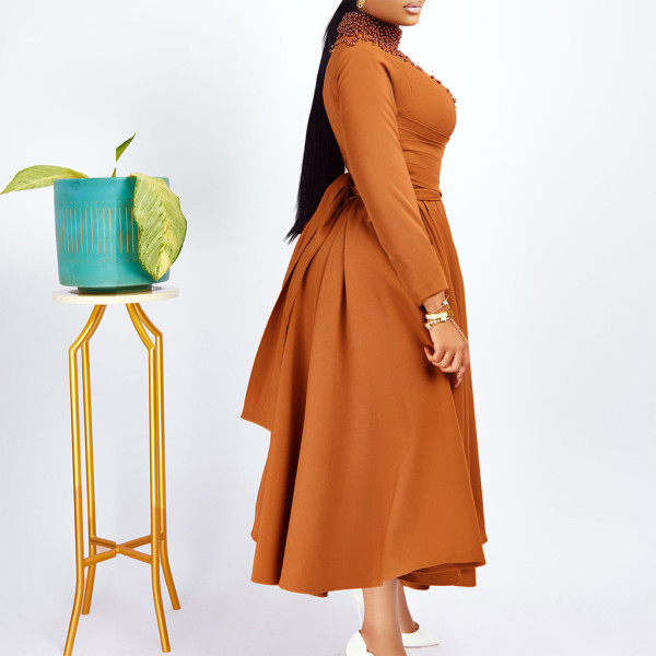 Women's new fashion high-neck elegant beaded large swing dress waist dress  ATR454