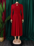 Women's new fashion high-neck elegant beaded large swing dress waist dress  ATR454