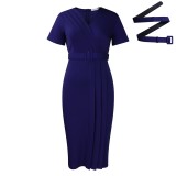 Women's summer new short sleeved V-neck waist cinched solid color OL Tongle pencil skirt dress  ATR504