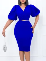 New Summer Collection Women's Blouse with Bubble Sleeves, V-Neck, Skirted Business Professional OL Temperament Dress with Elastic Band   ATR411
