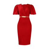 New Summer Collection Women's Blouse with Bubble Sleeves, V-Neck, Skirted Business Professional OL Temperament Dress with Elastic Band   ATR411