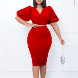 New Summer Collection Women's Blouse with Bubble Sleeves, V-Neck, Skirted Business Professional OL Temperament Dress with Elastic Band   ATR411