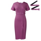 Women's summer new short sleeved V-neck waist cinched solid color OL Tongle pencil skirt dress  ATR504