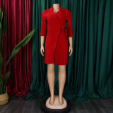 Foreign trade plus size women's clothing new fashion suit collar fashion tie waist compression pleated dress   ATR340