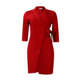 Foreign trade plus size women's clothing new fashion suit collar fashion tie waist compression pleated dress   ATR340