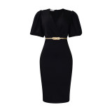 New Summer Collection Women's Blouse with Bubble Sleeves, V-Neck, Skirted Business Professional OL Temperament Dress with Elastic Band   ATR411