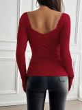 Spring - summer pure - color tops for women, Y2K style, casual, slim - fit, ribbed, V - neck with lace, long - sleeve T - shirt.  DY2412315