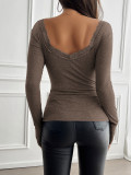Spring - summer pure - color tops for women, Y2K style, casual, slim - fit, ribbed, V - neck with lace, long - sleeve T - shirt.  DY2412315