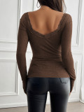 Spring - summer pure - color tops for women, Y2K style, casual, slim - fit, ribbed, V - neck with lace, long - sleeve T - shirt.  DY2412315