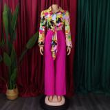Foreign trade women's clothing set autumn print reversible collar long sleeve shirt top wide leg pants two piece set   ML3241