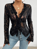Foreign trade women's top sexy slim long sleeve lace top in spring and summer. DY2412071