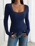 Spring - summer pure - color tops for women, Y2K style, casual, slim - fit, ribbed, V - neck with lace, long - sleeve T - shirt.  DY2412315