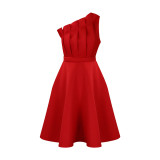 Plus size women's summer sexy diagonal collar three-dimensional pleated high waist banquet dress dress party dress  ML3200