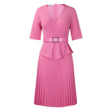 Foreign trade women's new fashion plus size temperament Tongle V-neck pleated dress  ATR520