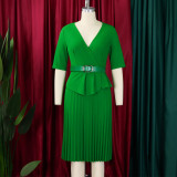 Foreign trade women's new fashion plus size temperament Tongle V-neck pleated dress  ATR520