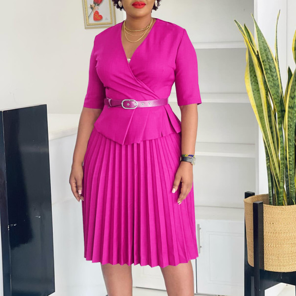 Foreign trade women's new fashion plus size temperament Tongle V-neck pleated dress  ATR520
