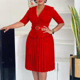 Foreign trade women's new fashion plus size temperament Tongle V-neck pleated dress  ATR520