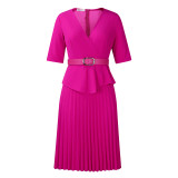 Foreign trade women's new fashion plus size temperament Tongle V-neck pleated dress  ATR520