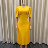 Summer new short-sleeved pleated solid color foreign trade plus size dress  ATR202