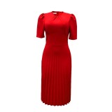 Summer new short-sleeved pleated solid color foreign trade plus size dress  ATR202