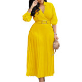 Women's spring new fashion v-neck pure color long sleeve large skirt pleated foreign trade dress  ML3327