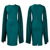 Women's fashion pure color round neck pleated cape banquet party evening dress dress ML3303
