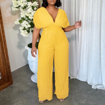 Foreign trade new female sexy V-neck solid color pleated jumpsuit  ML3302