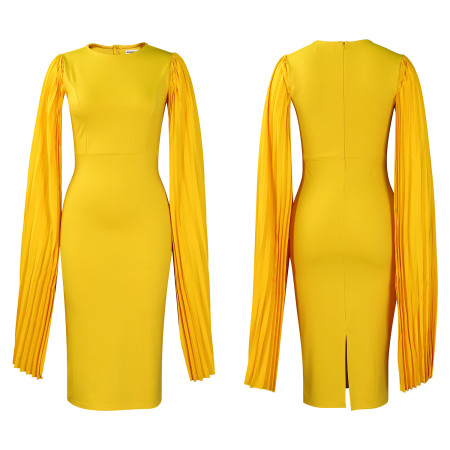 Women's fashion pure color round neck pleated cape banquet party evening dress dress ML3303