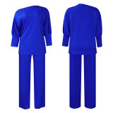 Foreign trade women's fashion style pure color slanted collar shirt wide leg pants set  ML3298