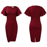 Foreign trade women's summer new style pure color high waist temperament commuting lotus leaf sleeve office European and American dress  ATR311