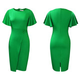 Foreign trade women's summer new style pure color high waist temperament commuting lotus leaf sleeve office European and American dress  ATR311