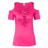 Summer Women T Shirt Solid Color With Lace Up Bandage Criss Cross Casual Short Sleeve Tshirt Cold Shoulder Tees Tops 5XL LJ9628R