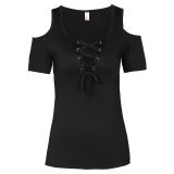 Summer Women T Shirt Solid Color With Lace Up Bandage Criss Cross Casual Short Sleeve Tshirt Cold Shoulder Tees Tops 5XL LJ9628R