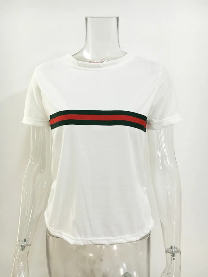 2019 summer explosion round neck sexy navel red green striped short-sleeved T-shirt