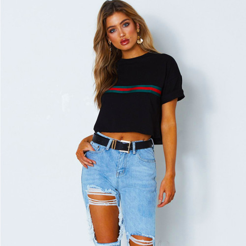 2019 summer explosion round neck sexy navel red green striped short-sleeved T-shirt