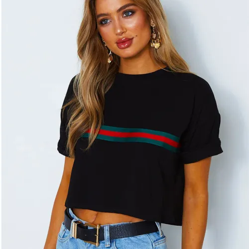 2019 summer explosion round neck sexy navel red green striped short-sleeved T-shirt
